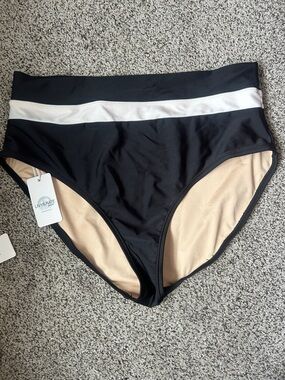 LIVY & KATE Black High-Waist Bikini Bottom with White Accent
